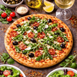 Soho Pizza, with Margherita, Olives, Garlic, topped with Rocket & Parmesan
