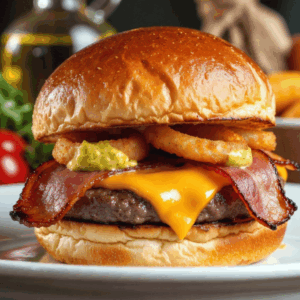 French Burger with cheddar cheese, smoked bacon, mustard & onion rings.