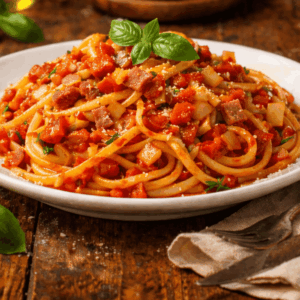 Amatriciana linguine with smoked bacon, tomatoes & onions in a spicy red pepper & tomato ragu.