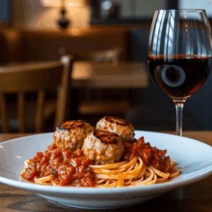 Homemade Meatballs with linguine in a red pepper & tomato ragu.