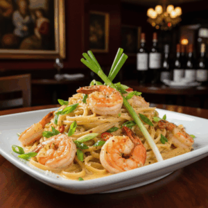 King Prawn & Spring Onion Linguine in a creamy garlic sauce.