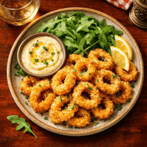Panko Coated Calamari served with a lemon aioli & rocket.