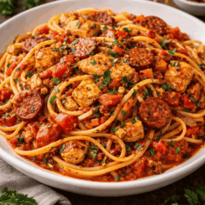 Chicken & Chorizo Linguine, in a spicy red pepper & tomato ragu..